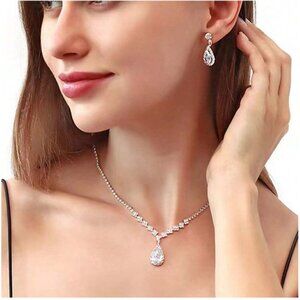 Silver & Rhinestone Necklace & Earring Set (Wedding, Quinceanera, Prom, Formal)